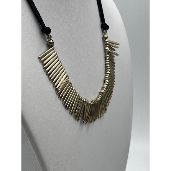 Natasha Gold Tone Spikes Dangles Black Leather Necklace - Picture 5 of 13